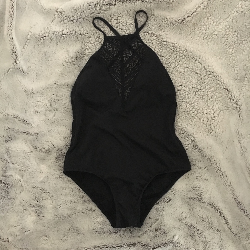 Black High Neck Crochet One Piece Swimming Suit